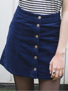 H&M Blue Corduroy Button Down Mini Skirt Women’s Size 8 Retro Twee Boho French